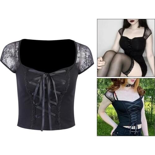 Vintage Tops Goth T-shirt Women Sexy Bandage Lace T-shirts Gothic Top