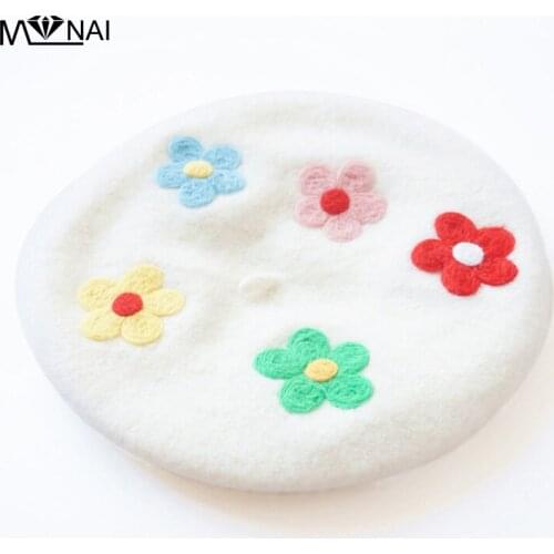 Women Hat Handmade Woolen Vintage Artist Beret Fashion Cartoon Flowers Embroidery Felt Hats Novelty Creative Solid Color Berets