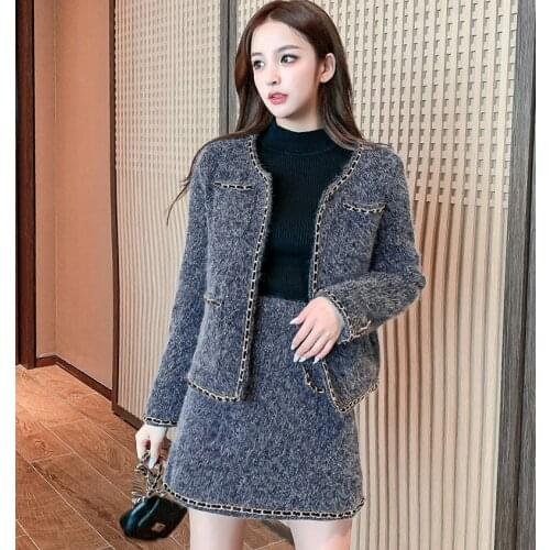 2021 Autumn Winter fashion women Vintage Woolen Skirt With Suit O-Neck Long Sleeve Jacket Coat +High Waist Skirts Suits