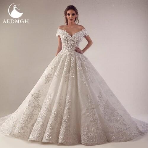 Aedmgh Ball Gown Gorgeous Wedding Dresses 2021 Sweetheart Off The Shoulder Bride Dress Lace Appliques Court Train Bridal Gown