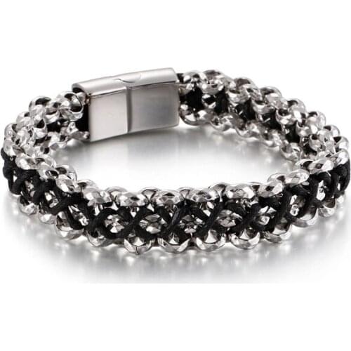 HAOLYNJOY Stainless Steel Gold Popcorn Chain Bracelet Men 20cm Genuine Cowhide Leather Wrap Armband Homme Retro Jewelry