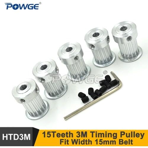 POWGE 5pcs 15 Teeth 3M Timing Pulley Bore 5/6.35/8mm Fit Width 15mm HTD3M Belt 15T 15Teeth HTD3M Pulley CNC Engraving Machine