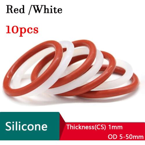10pcs Thickness(CS) 1mm*OD 5-50mm Red /White Silicone O-Ring Food Grade Ring Gasket Waterproof -35℃-200