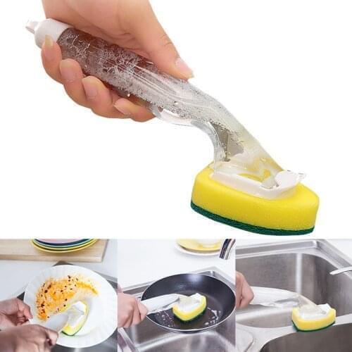 2 in 1 Long Handle Dish Washing Tool Refillable Bowls Dish Cleaning Sponge Brush Soap Dispenser Handle For Kitchen Clean Tools