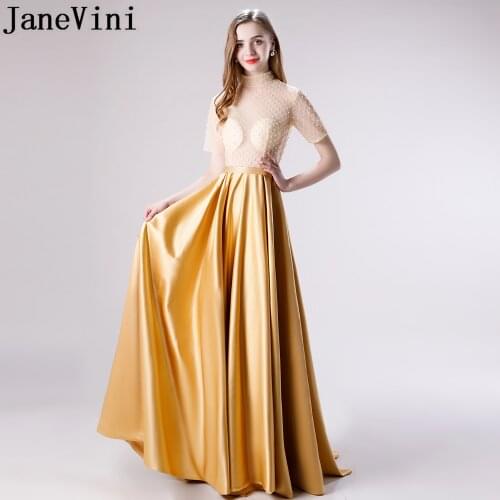 JaneVini Satin Prom Dresses Royal Blue Long High Neck Sexy Gold Party Dress 2019 Pearl Evening Gowns Vestidos De Gala Elegante
