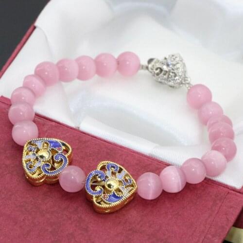 Free shipping Bohemia style bracelets heart cloisonne 8mm pink cat eyes round beads strand for girls clasp jewelry 7.5inch B2735