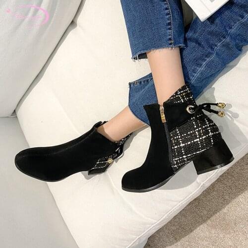 Party style round toe flock ankle boots fashion zipper striped bowknot medium with thick motorcycle boots womens shoes big size