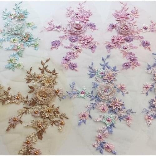 Color Lace Patches Embroidery For Clothing Dress Apparel Decorate 37.5*25cm 3D Rhinestone Sewing Supplies Tulle Lace Applique