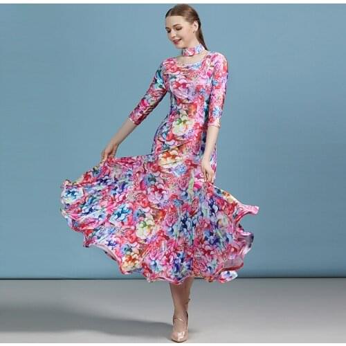 Fashion Printing Long Sleeved Ballroom Dance Competition Dresses International Tango Waltz Dancing Practice Long Dress DWY2957