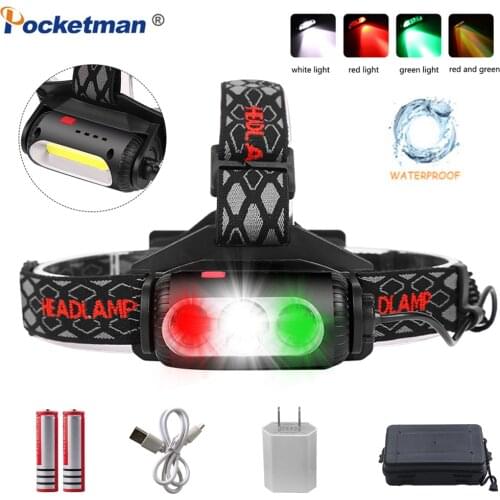 Double-sided LED+COB Headlight USB Rechargeable Headlamp T6 Head Flashlight Red Green White Lighting 7 Modes Head Torch