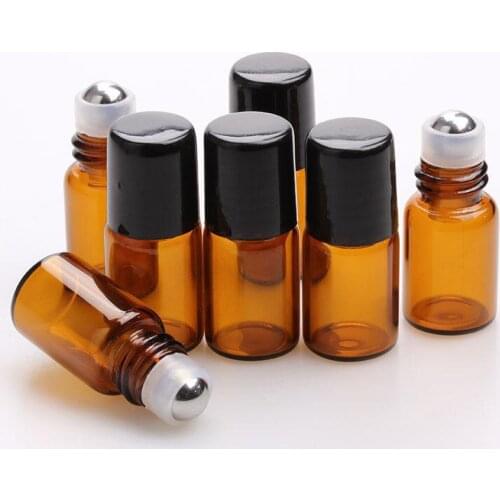 50pcs/lot 1ml 2ml 3ml 5ml Perfume Sample Vials Mini Amber Roller Bottles Essential Oil Glass Bottle With Black Plastic Cap