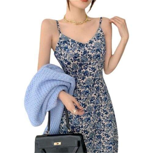 French retro floral suspender dress sexy slim waist dress