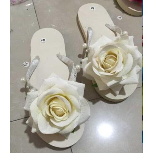HAHAFLOWER Free shipping Summer hot style White flocking Big roses handmade flowers Flats shoes antiskid female beach slippers
