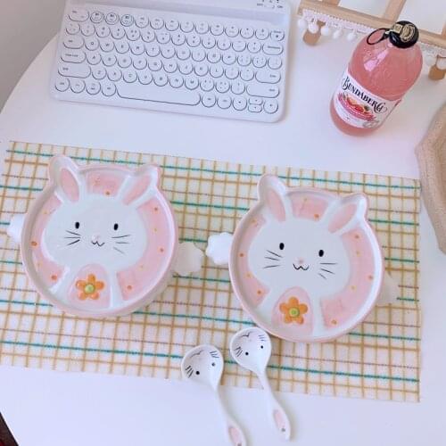 Cute Rabbit pattern ceramic instant noodle bowl fruit salad bowl with lid soup bowl anti-scalding ramen bowl kitchen tableware
