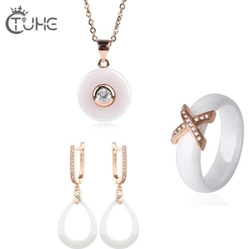 3pcs/set Fashion Women Jewelry Set 6MM X Black Ceramic Ring Circle White Drop Earring Cubic Zircon Crystal Necklace Wedding Gift