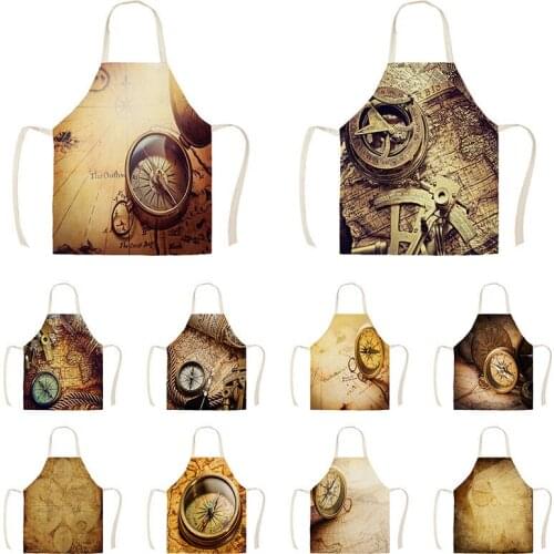 Retro Compass Map Pattern Kitchen Aprons for Women Cotton Linen Bibs Household Cleaning Accessories Cooking Apron WQTX62
