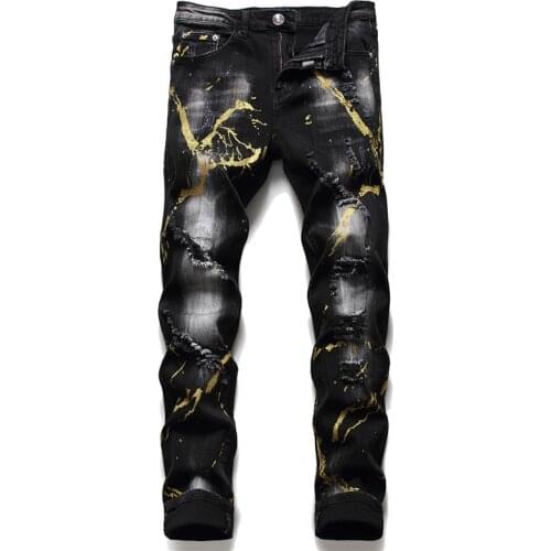 Mens Large Size Four Seasons Casual Fashion Versatile Black Slim Paint Splash Stretch Waist Jeans Small Foot Pants