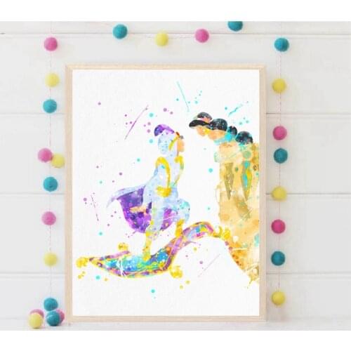 Aladdin and Jasmine Watercolor Wall Art Canvas Painting Classic Cartoon Aladdin Magic Carpet Posters and Prints Nursery Decor