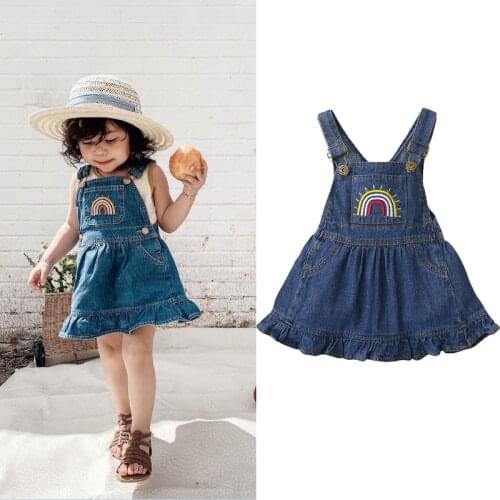 0-3Y Summer Princess Infant Baby Girls Suspender Dress Rainbow Print Sleeveless Blue Denim A-Line Sundress 2021