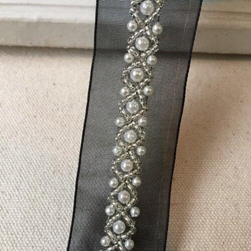 3cm width ivory beaded trim, black ribbon pearl lace, wedding gown lace, headwear, garment accessories 3 Yards