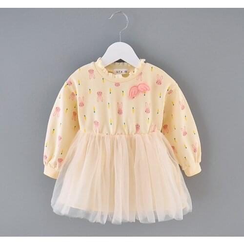 Girls Dresses Kids Long Sleeve Fall Clothes Cartoon Printed Wings Appliques Mesh Splicing Princess Party Dress Children Outfits