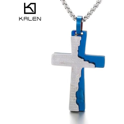 Kalen Jesus Blue Cross Scripture Pendant Stainless Steel Lucky Necklace Rune Jewelry Accessories
