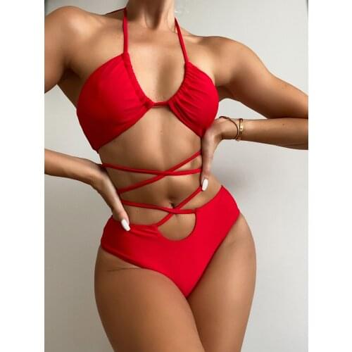 Sexy Brazilian Bikini 2021 Woman Red Halter Strap Cross 2 Pieces Set High Waist Swimsuit Women Swimwear Beach Wear Bathing Suit