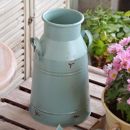 Vintage Blue Iron Tabletop Dry Flower Vase With Two Handles Handmade Farm House Accents Milk Barrel Shape Metal Planter Bucket