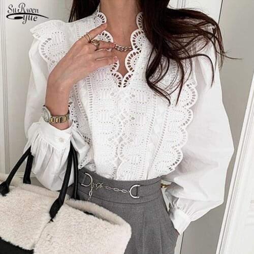 French Elegant V Neck Lace Blouse Women Hollow Out Ruffle Stitching Womens Shirt Vintage Lantern Long Sleeve Tops Blusas 16189