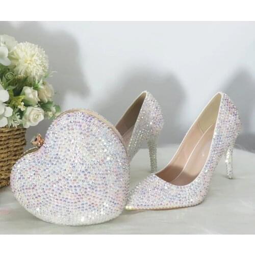 2021New Ladies Pointed Toe Wedding Shoes and bag White Crystal Bling Women High Pumps Thin Heel Party Dress Shoes Heart Bag Girl