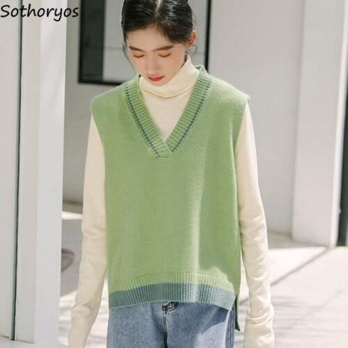 Women Sweater Vests V-neck Patchwork Fashionable Preppy Style Classic Students Jumpers Elegant Side-slit Ulzzang Retro S-3XL New