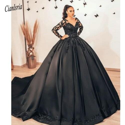 Gothic Black Illusion Long Sleeve Satin Ball Gown Wedding Dress Sweetheart Appliques Lace Beading Bridal Gown Vestido de Noiva