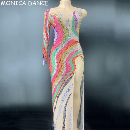 Women Sexy Stage Sparkly Multi-color Rhinestones Dress Birthday Celebrate One Sleeve Transparent Dress Women Dancer Dress