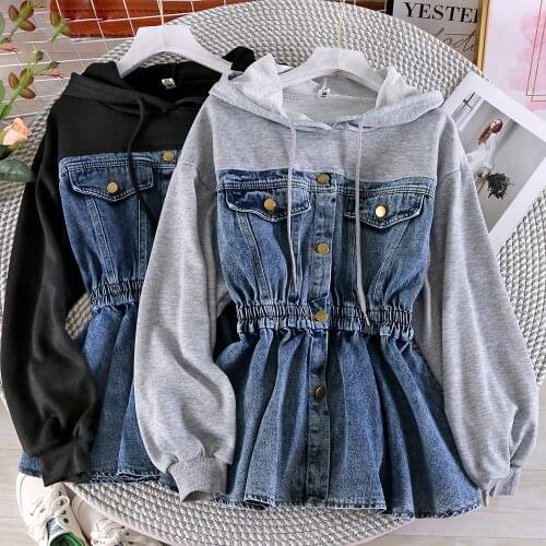 Korean student Harajuku style hooded stitching denim female fake two long-sleeved waist coat