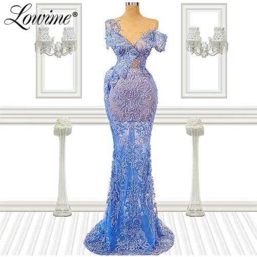 Blue Beading Dubai Evening Dress Mermaid Arabic Formal Prom Dresses 2021 Short Sleeves Party Gowns For Weddings Wear Vestidos