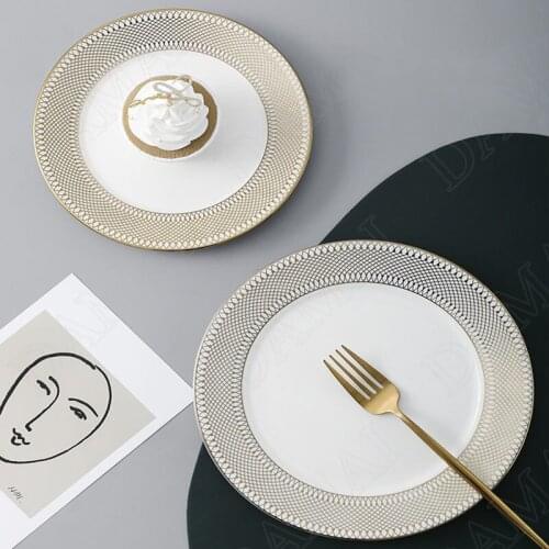Golden Stroke Ceramic Plates Grid Decorative Cake Dessert Plate Main Course Hotel Restaurant Serving Tray Kitchen Dinnerware