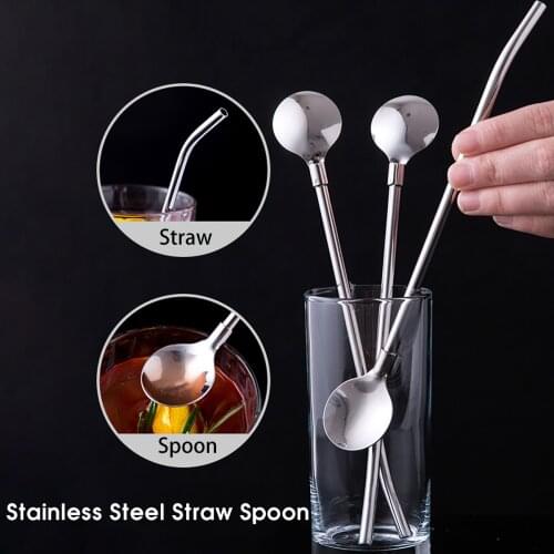 1PCS Stainless Steel Drinking Straw Spoon Reuseable Coffee Stirring Spoons 2 In 1 Party Event Drinking Accessories