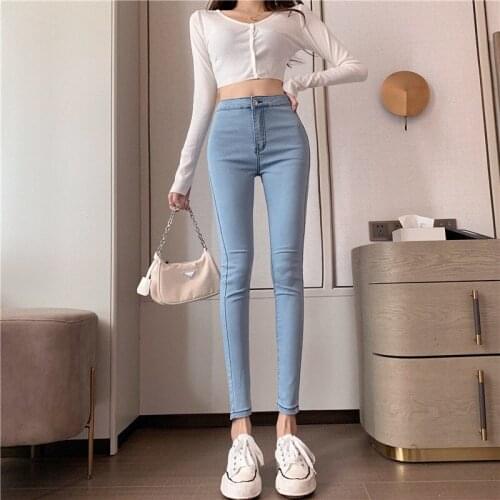 2021 High Waist Blue Gray Black Tight Stretch Slim Fitting Jeans Girl Student Cute Sexy Hip Carrying Pencil Pants Fashion Women