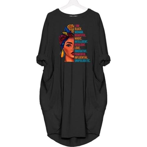100% Cotton Fashion african dress for women Pocket I Am Black Woman Beatiful Letters Print T shirt Dresses Women Top Female Tops