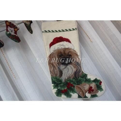 Free Shipping Christmas Needlepoint Socks Hand knotted Merry Christmas Stocking Sock Cute Dogs Design Stocking Socks 28X43CM
