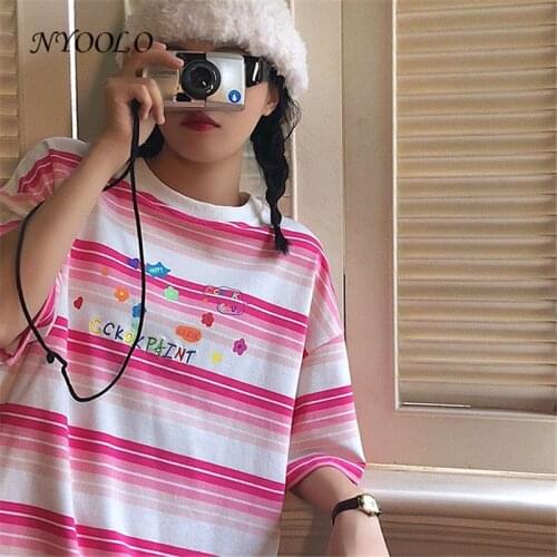NYOOLO Preppy Style Cute Letters Embroidery Striped Short Sleeve T-Shirt Women Kawaii Clothes Summer Sweet School Girls Tops
