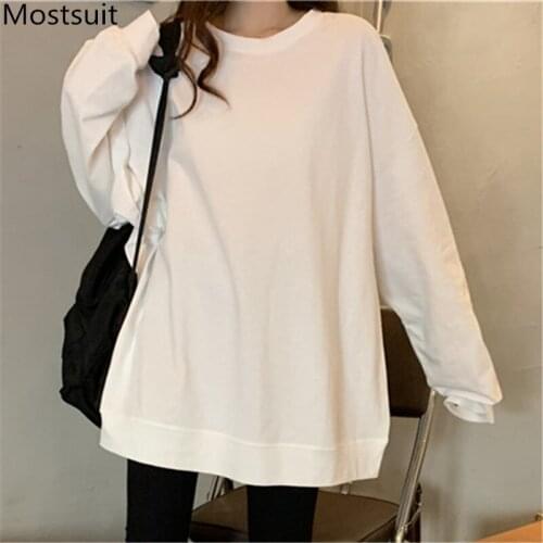 Korean Loose Solid Women T Shirt Tees Full Sleeve O-neck Long Tops Basic Casual Fashion Female T-shirts Femme 2021