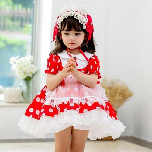 Children Boutique Spanish Dresses for Baby Girls Turkey Vintage Style Baby Strawberry Dot Dress Infant Birthday Ball Gown