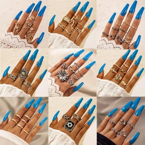 Docona Vintage Hollow Geometry Colorful Rings for Women Luxury Crystal Pearl Flowers Adjustable Finger Ring Set Jewelry кольца