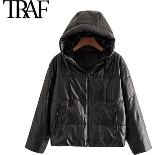 TRAF Women Fashion Thick Warm Faux Leather Padded Jacket Coat Vintage Long Sleeve Loose Female Outerwear Chic Tops