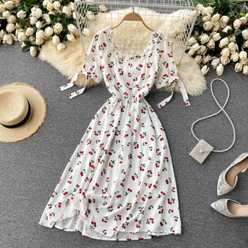 Sweet wood ears, square collar, age-reducing bubble sleeves, slim mid-length small fresh cherry print chiffon dress women 2021