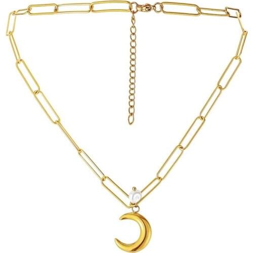 New Fashion Simple Temperament Moon Artificial Pearl Pendant Necklace Gold Color Stainless Steel Jewelry For Woman Gift Not Fade