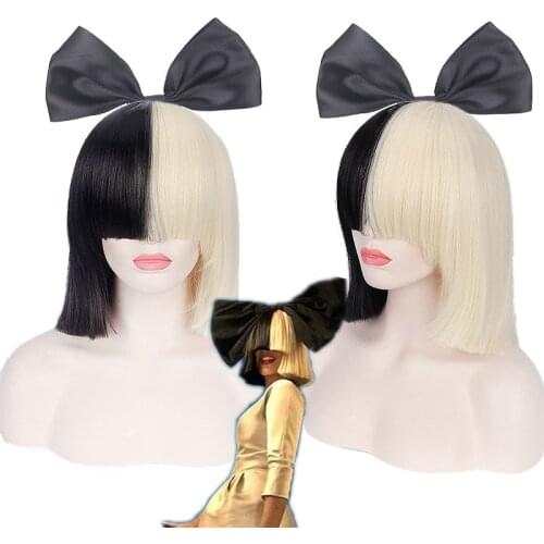 This is Acting SIA Anime Cosplay Wig Synthetic Hair Women Straight Halloween Half Blonde Black Short Bob Wigs With Bangs 35cm
