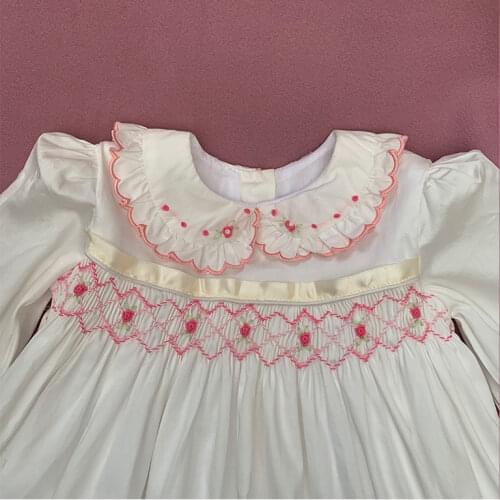 Girls princess dresses spring 2020 long sleeve smocked dress for girls autumn handmade vintage embroidery pink smock dresses