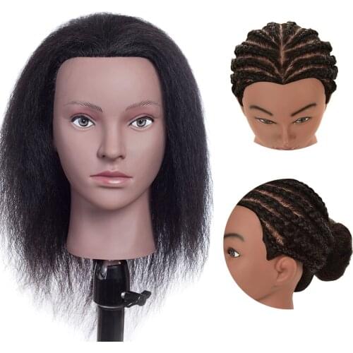 Professional Styling Head Afro Mannequin Head with Stand for Hairdressers Barber Practice Braiding Training Doll Real hair